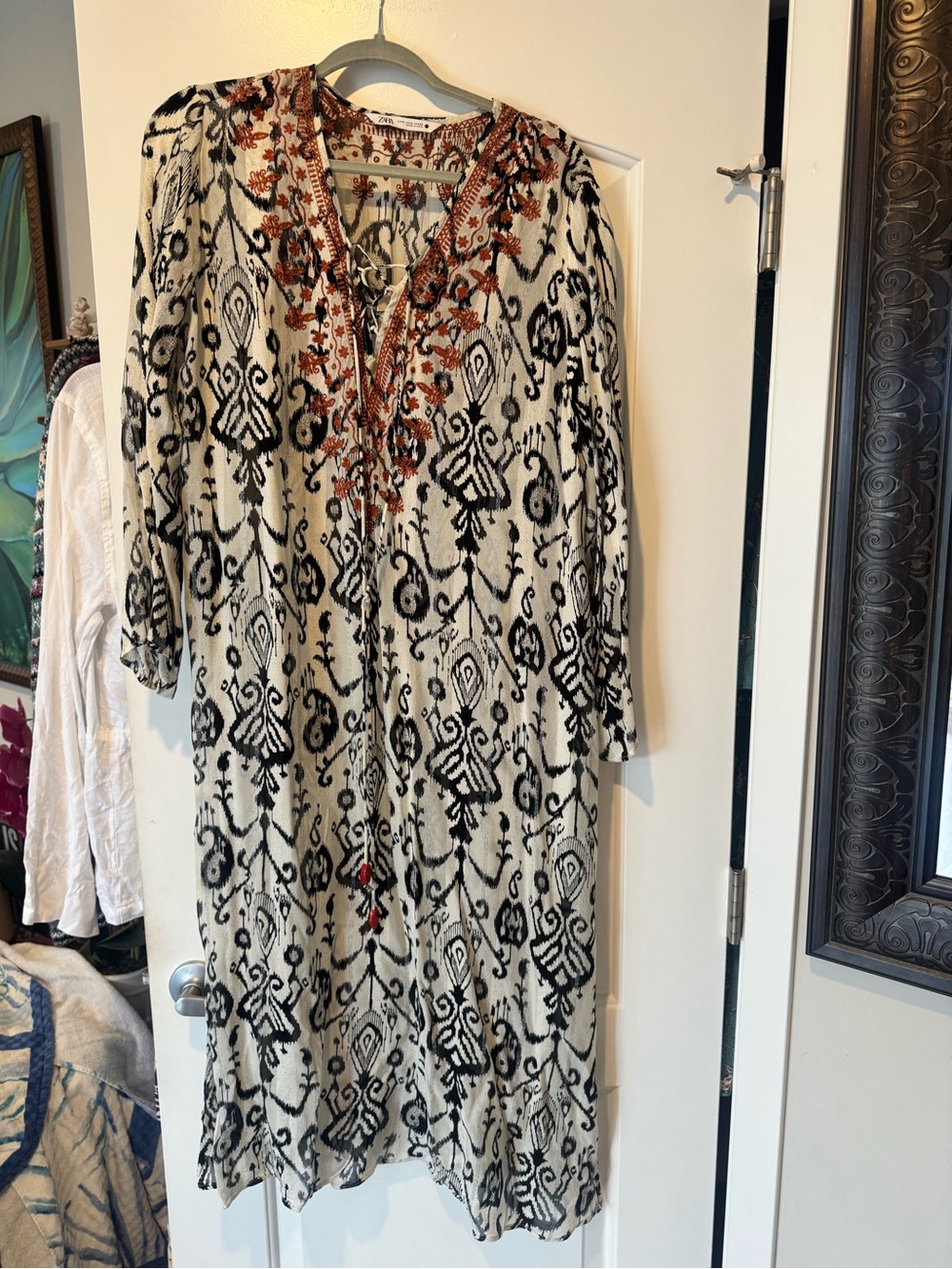 Boho Embroidered Tunic Dress with Black Ikat Print beach cover up